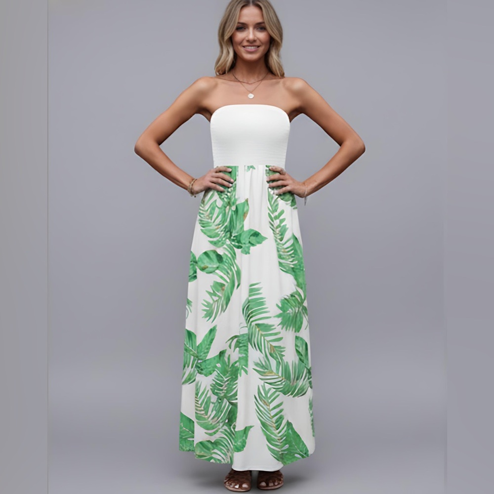 White Tropical Print Tube Dress